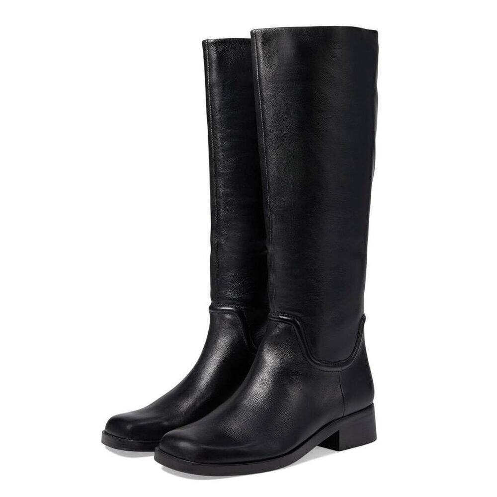 Vince Leather Tall Boots Black Block Heel Size 6 Almond‎ Toe NEW